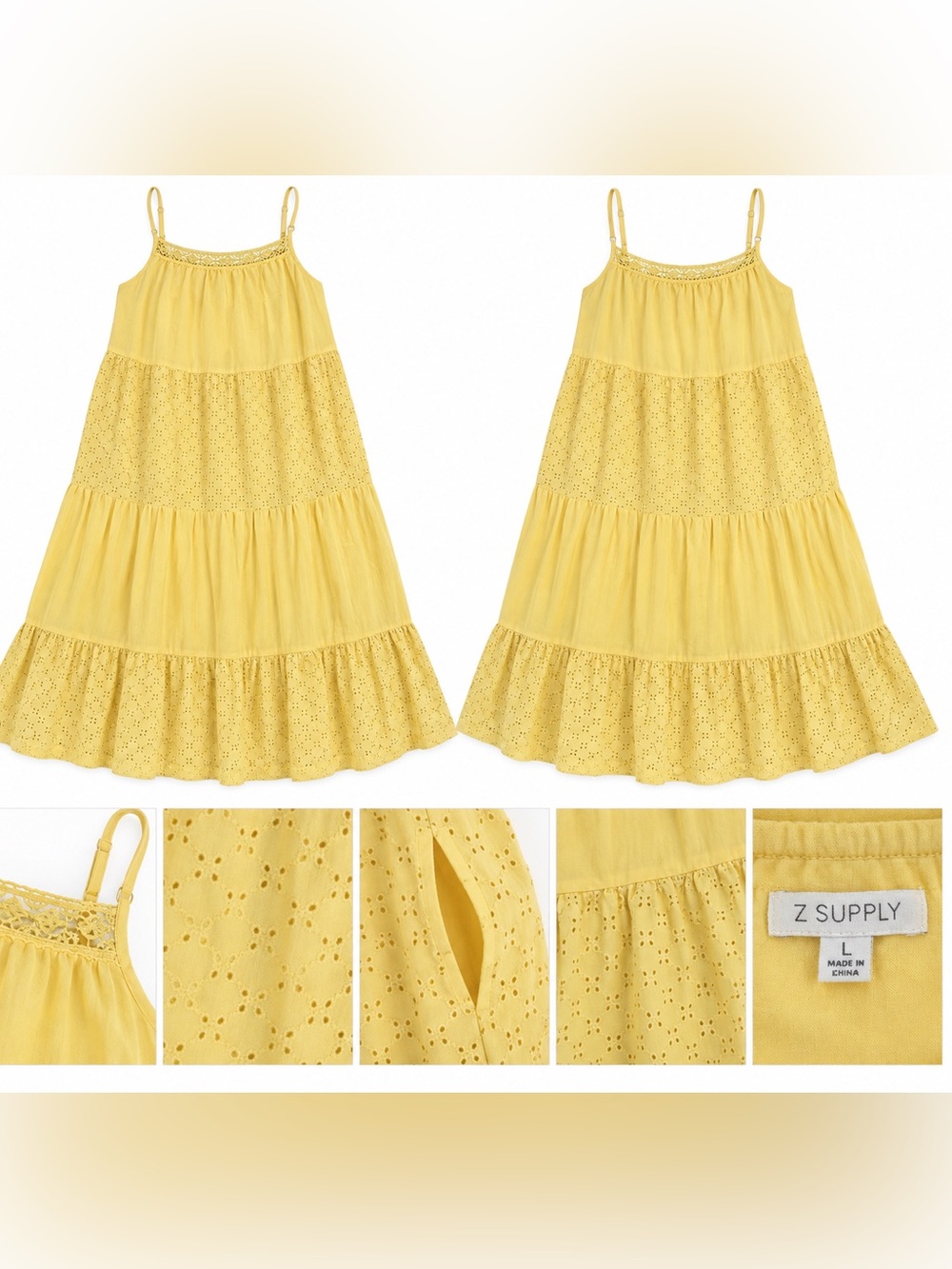 Z Supply Yellow Eyelet Tiered Maxi Dress Pockets Women’s L